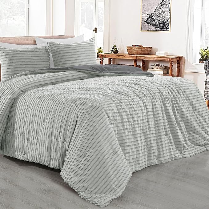 HOMBYS Oversized King Boho Comforter Set 120x120, Grey Black Tufted Jacquard Geometry Bedding Comforter for King Bed, Shabby Chic Bed Sets with 2 Matching Pillow Cases