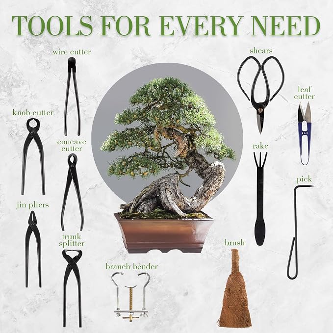 BambooMN 15 Piece Bonsai Master Tools Set with Case, Shears, Concave Cutter, Knob Cutter, Wire Cutter, Bonsai Trimming, Branch Bending, Beginner Friendly - 1 Set