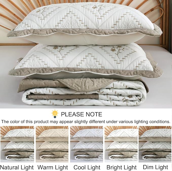 Cmfshape Floral Embroidery Quilt Set,3 Pieces California King Quilt Bedding Set,Classic Diamond Pattern Quilts,Ultra Soft Lightweight Reversible Bedspread Coverlets for All Season(Taupe,114"x102")