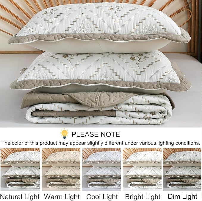 Cmfshape Floral Embroidery Quilt Set,3 Pieces Oversized King Quilt Bedding Set,Classic Diamond Pattern Quilts,Ultra Soft Lightweight Reversible Bedspread Coverlets for All Season(Taupe,120"x120")
