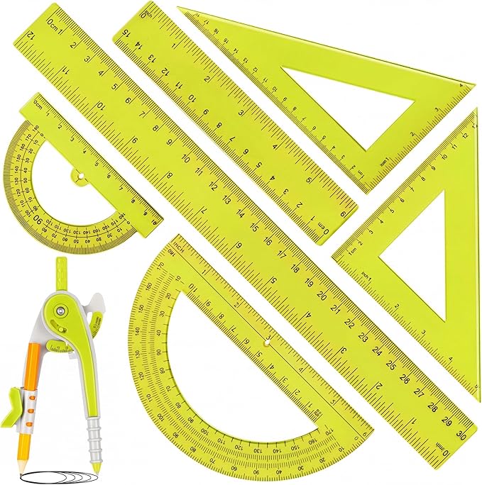 Zonon 1 Set Plastic Geometry Math Set 7 Pcs Includes 6'' / 4 '' Protractor, Drawing Compass, 45/60 Degree Triangle Rulers, 12'' / 6'' Math Ruler Transparent for Office Supplies(Yellow)