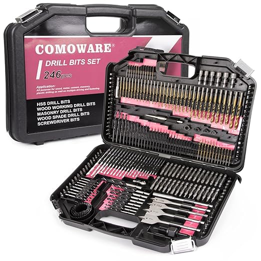COMOWARE 246 Pcs Drill Bit Set for Cordless Drill, Drill Driver Bit Set for Wood, Metal, Masonry, Cement and Screwdriver Bits Set Combo Kit, Pink Case