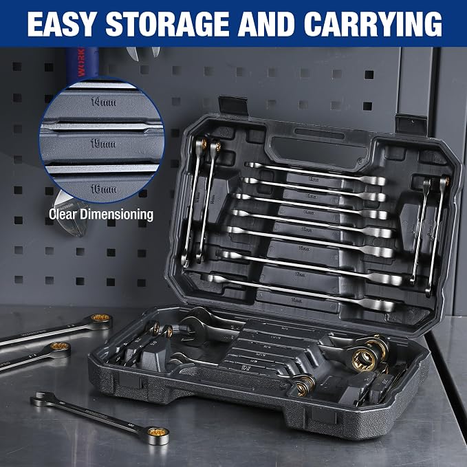 WORKPRO 22 PCS Ratchet Combination Wrench Set with Tool Box, Nickel Plating | with Organizer Box, Metric 6-18mm & SAE 1/4-3/4", 72-Teeth, For Home Project, Auto Repair, Plumbing, Construction, Machinery