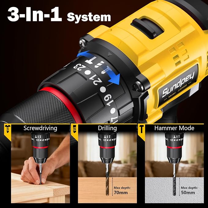 Sundpey Cordless Power Drill Set - 620in-lbs 3/8" Metal Chuck Electric Drill w/Brushless Motor & 23+3 Torque Settings & 2 Battery & LED Light - Drills Driver for Home DIY Woodworking Bricks Drilling