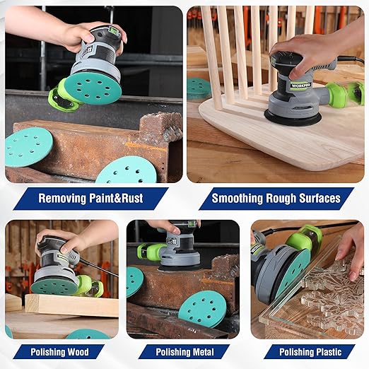WORKPRO 150-piece Premium Sanding Discs Set, 5" 8-Hole Polyester Film Hook and Loop Sandpaper, 10 Grades Include 60, 80, 100, 120, 150,180, 240, 320, 400, 600 Grits for Random Orbital Sander, Green
