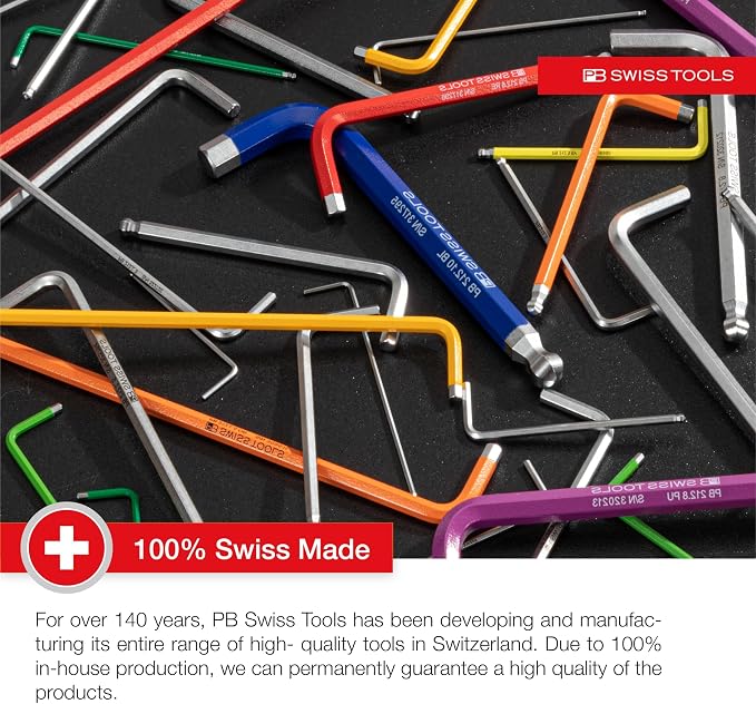 PB SWISS TOOLS Long Hex Key L-Wrenches PB 214Z.H CN | 100% Swiss Made | 7-Piece Allen Key Set (Inch) Size 3/32" to 5/16" in Practical Holder