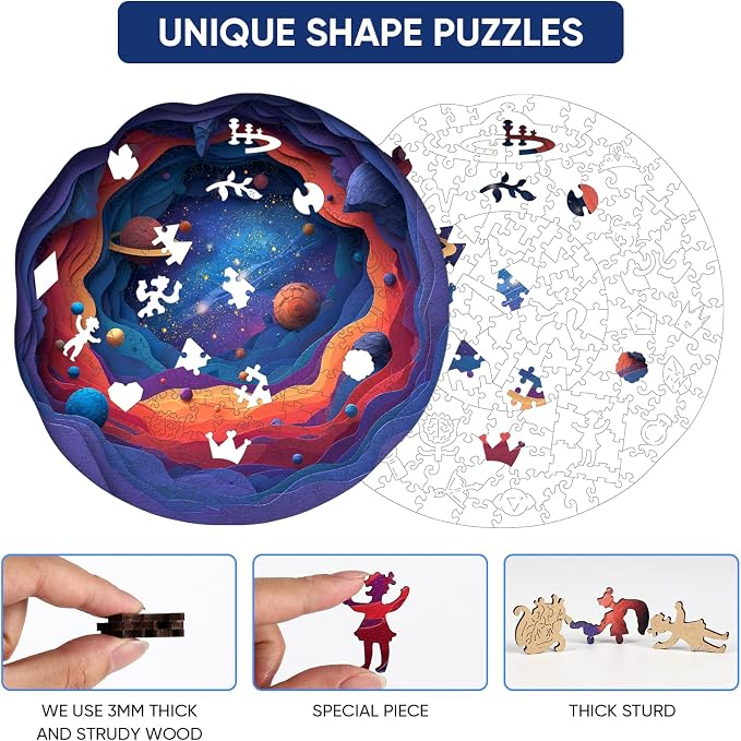 MEATRN Wooden Puzzles for Adults - Solar System Planet Jigsaw Puzzles, Outer Space Unique Shape Creative Home Decorative, Challening Wood Puzzle Gift for Kids, Family Game, 199 Pcs, 11.2x11.1 in