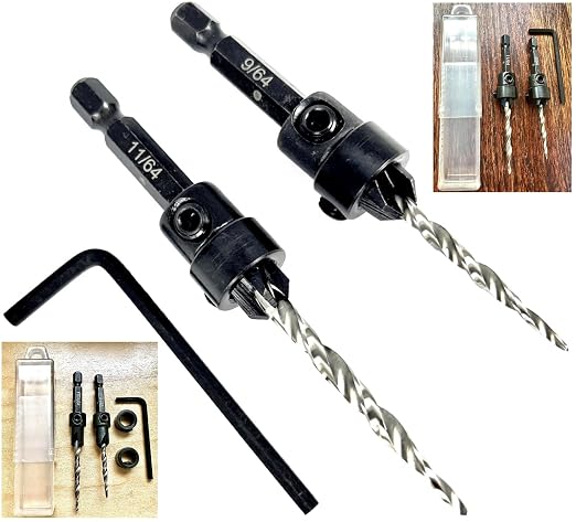 FTG USA Countersink Drill Bit Set #6 (9/64") and #8 (11/64") Wood Countersink Drill Bit, Tapered Countersink Bit, Stop Collar, Hex Wrench, Woodworking Countersink Drill Bits