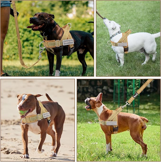 SlowTon No Pull Dog Harness with Front Clip - Heavy Duty, Soft Padded | Neck & Chest Adjustable, Tactical Pet Vest and Leash Set for Large Medium Sized Dogs, for Easy Walk & Training, Tan M