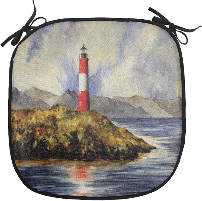 Lunarable Lighthouse Chair Cushion Pads Set 12, Les Eclaireurs Lighthouse Coastline Seashore Mountains Cliff Painting Effect, Anti-Slip Seat Padding for Kitchen & Patio, 16"x16", Blue Red Green