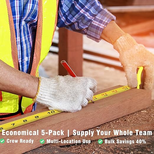 Tape Measure 16 ft, Easy Read Measuring Tape with Fractions 1/8, Retractable 16-Foot by 3/4-Inch Blade with Durable Coating & Impact-Resistant Case for Contractors & DIY - 5 PCS