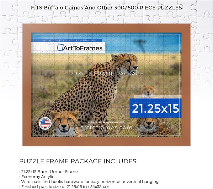 ArtToFrames Puzzle Frame for Buffalo Games 300, 500 Piece Jigsaw Puzzles, 21.25x15 Inch (54x38 cm), Burnt Umber Engineered Wood with Economy Acrylic, Ready to Hang Puzzle Display