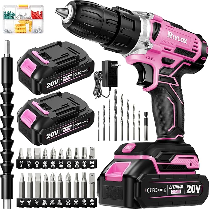 20V Cordless Drill Set,Electric Power Drill Cordless,Power Drill Drivers,Electric Screwdriver - 2.0Ah Batteries, 30Nm，21+1 Torque,2 Speed,34pcs Acessories,Built-in LED,Kit for Home,Pink