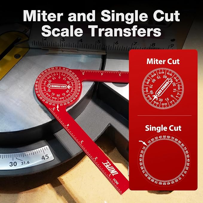 7.3" Aluminum Miter Saw Protractor, Rust-Proof Angle Finder with Precision Laser-Engraved Scales and 360° Rotation for Woodworking & Construction