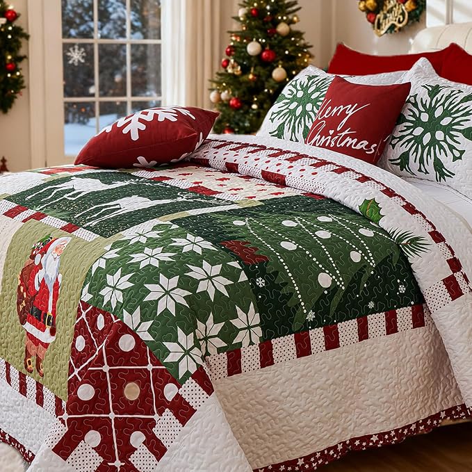 Cmfshape 5-Piece Christmas Quilt Set,Queen Size Xmas Tree Reindeer Santa Claus Pattern Christmas Bedding Set,Reversible Bedspread Coverlet,Holiday Bedding(92"x96")