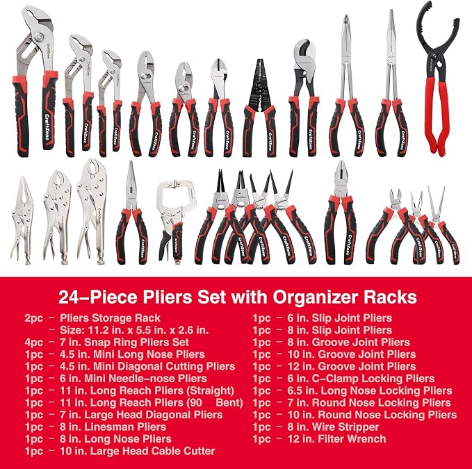 24 PC Pliers Tool Set with Storage Rack, Snap Ring, Needle Nose,Long Reach,Lineman's,Groove Joint and Diagonal Cutting Pliers,Cable Cutter,Wire Stripper for Plyers Home Use, Holiday,Fathers' Day Gift