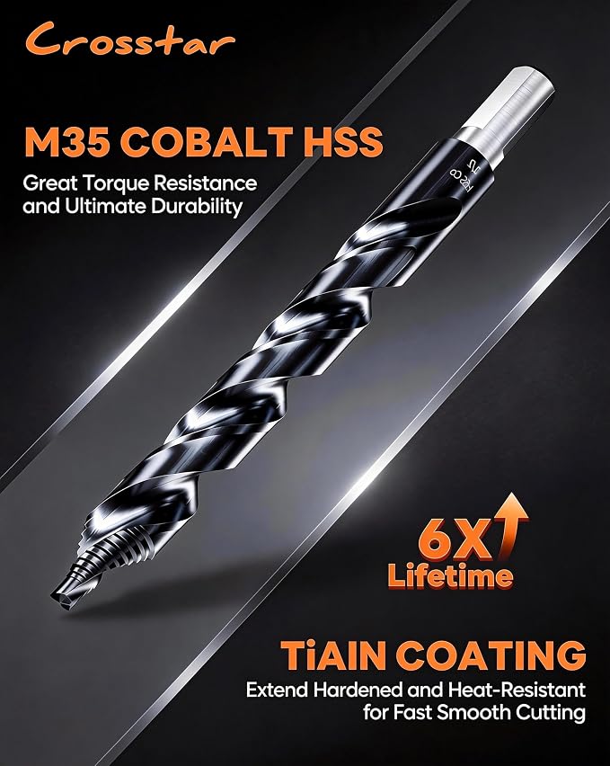 Crosstar Cobalt Stepped Point Drill Bit Set-21pcs 1/16"-1/2" TiAlN Coated Step Drill Head,M35 HSS Jobber Bits,No Pre-Drilling,3-Flat Shank,with Indexed Storage Case,Precise Drilling,for Hardened Steel