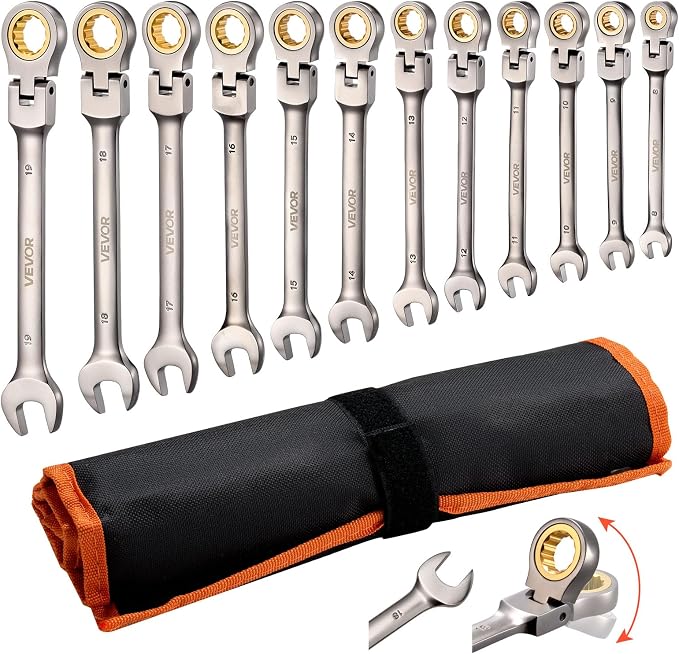 VEVOR Flex-Head Ratcheting Wrench Set, 12-Piece Metric 8 mm to 19 mm, 72 Teeth, Cr-V Steel Ratchet Flexible Combination Wrench Set with Roll Up Pouch, for General Household and Automotive Repairs