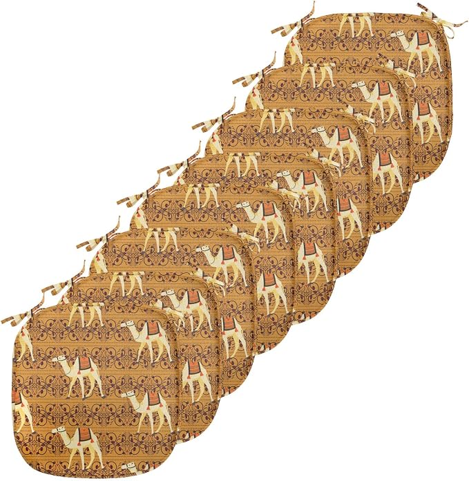 Lunarable Camel Chair Seating Cushion Set of 8, Traditional Pattern with Strokes Desert Animal Repetition in Folk Accessories, Anti-Slip Seat Padding for Kitchen & Patio, 16"x16", Apricot and Cream