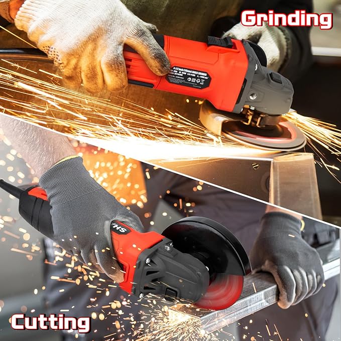 SHALL 4-1/2 Inch 11000 RPM Angle Grinder 4Amp with 2 Guards, 3 Cutting Discs, 3 Grinding Wheel, Non-Slip Handle, Wrench and Carbon Brush for Metal and Wood