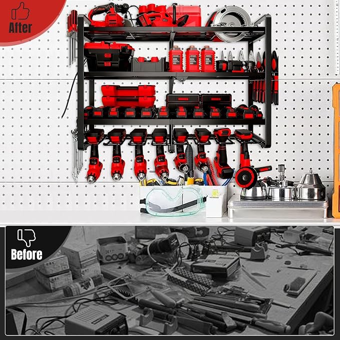 Large Power Tool Organizer Wall Mount, 4 Layer Heavy Duty 8 Cordless Drill Holder Tool Storage Rack, Load 400lbs Utility Power Tool Rack for Garage,Workbench,Workshop,Gifts for Men