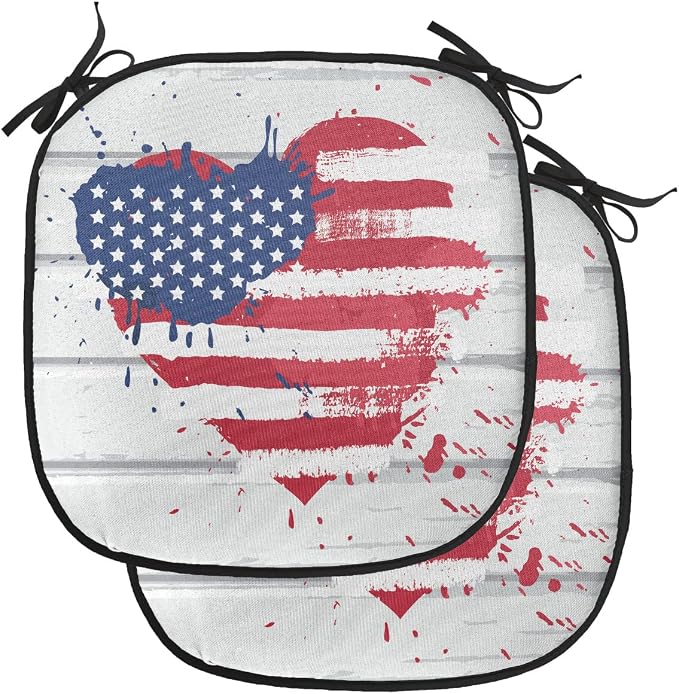 Lunarable Americana Chair Cushion Pads Set of 2, USA Flag in Heart Shape on Wood Holiday Splattered Grunge Style Illustration, Anti-Slip Seat Padding for Kitchen & Patio, 16"x16", Cream Red Blue