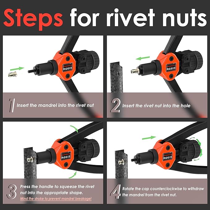 Dual-Function Rivet Nut Tool Rivet Gun Kit Including 405 pcs Rivet Nuts Blind Rivets 15 Mandrels 5 Rivet Nozzles, Multi-Purpose