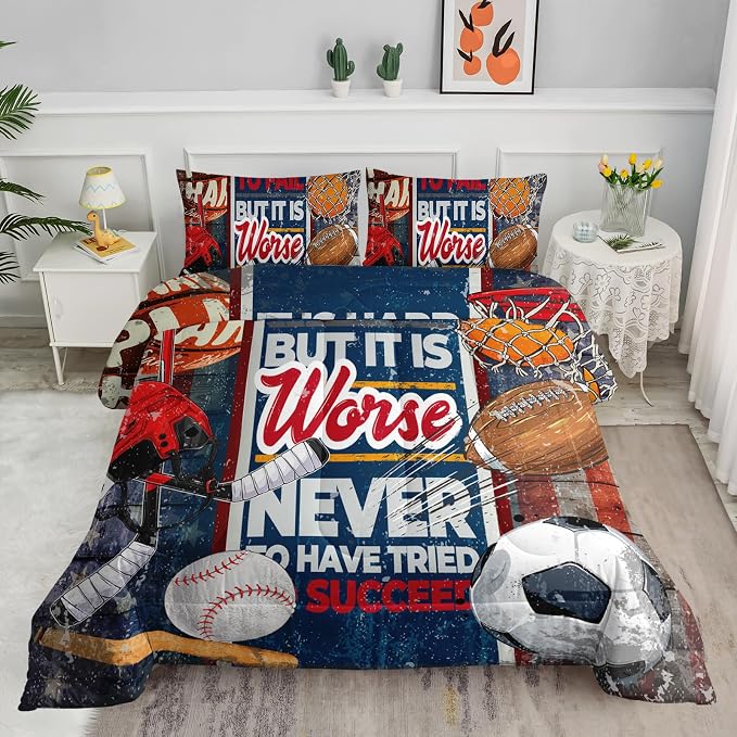 Axolotl Sports Comforter Set King Size,Ball Sports Theme Comforter Set,Football Baseball Sport Bedding,Rugby Sport Quilt,3D Soccer Basketball Bedding for Kids Boys Teens,1 Quilt 2 Pillowcases