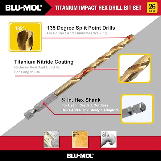 Disston E0100518 26pc Titanium Impact Hex shank Drill Bit set with carrying case. Quality spit point bit for easy drilling