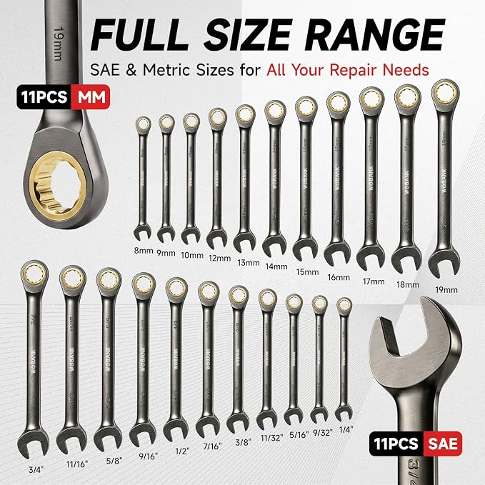 22-Piece Ratcheting Wrench Set, Metric 8-19mm & SAE 1/4-3/4" | Ratchet Combination Wrenches Set with Organizer Box,12 Points 72-Teeth,Nickel Plating