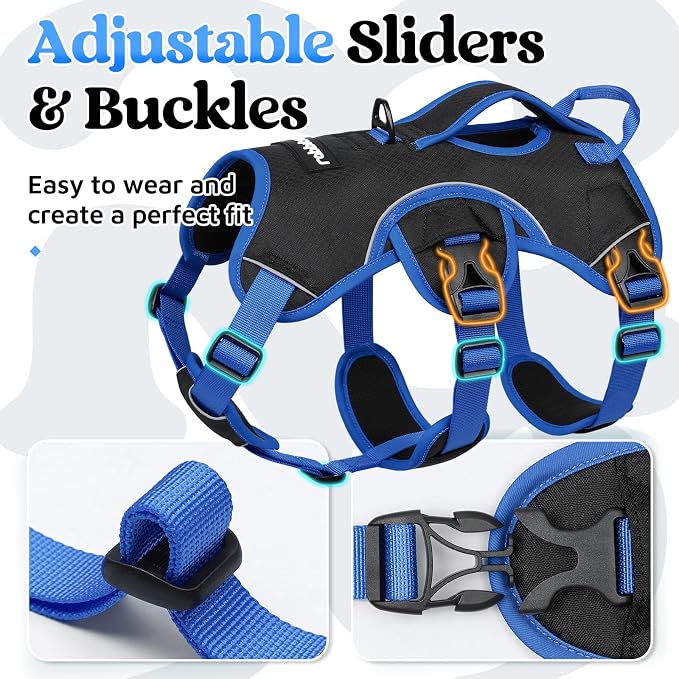 rabbitgoo Escape Proof Dog Harness for Medium, No Pull with Lift Handle | No Escape, Full Soft Padded, Reflective Adjustable Vest, Leash Clip for Walking Hiking Training, Blue & Black, Medium