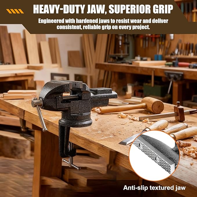 Bench Vise 3 Inch, Home Vise with 360° Swivel Base, Dual-Purpose Heavy Duty Cast Iron Table Vise, Clamp-On Vise for Woodworking, Metalworking, Drilling and DIY Projects
