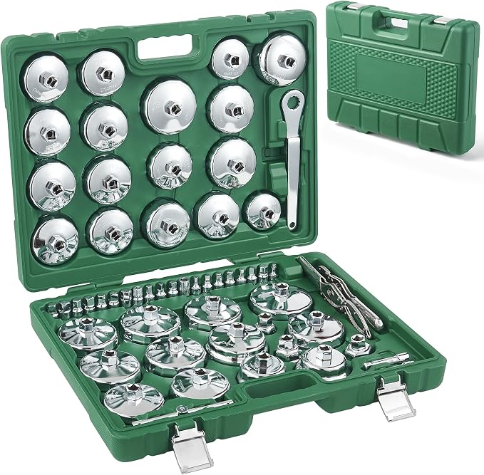 58PCS Oil Filter Wrench Set Stainless Steel 1/2" Drive Cup Remover Tool | Type Remover Tool with Drain Plug Sockets for Car, SUV(Green)