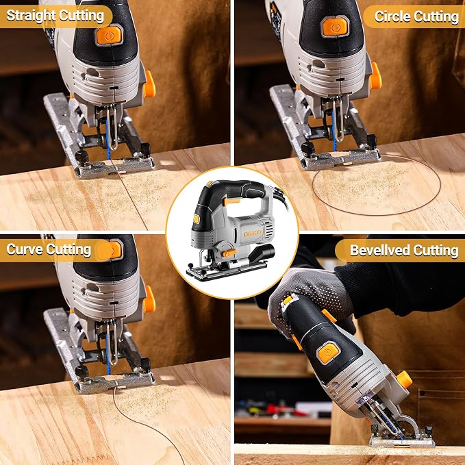 6.7-Amp Jig Saw Corded: Electric Jigsaw Tool Power Jig Saws for Wood Cutter with 6 Variable Speed Up to 3000 SPM, 4 Orbital Settings, LED Light & ±45° Bevel Cutting, Tool-Free Blade Change