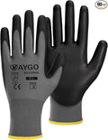 KAYGO Work Gloves for Men and Women, 60 Pairs Seamless Knit PU Coated Safety Gloves, with Smooth Grip on Palm and Fingers, Ideal for Light Warehouse, Manufacturing, Gardening, KG11P (L,Gray)