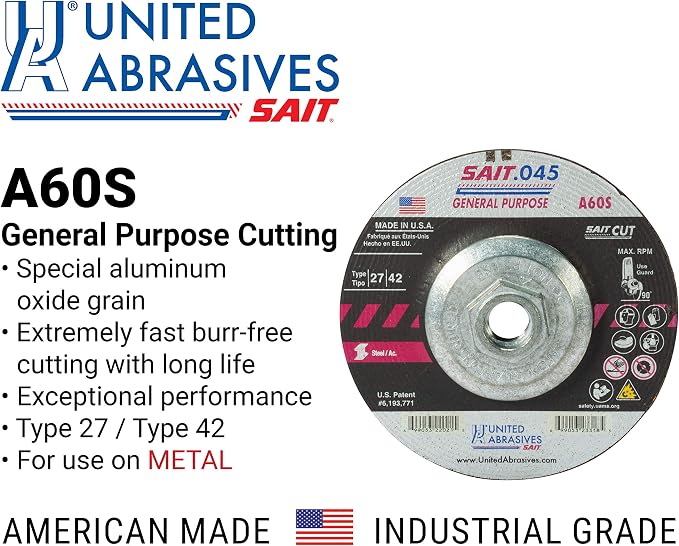 United Abrasives-SAIT 23318 A60S General Purpose Cut-Off Wheels (Type 27/Type 42 Depressed Center) 4 1/2"x .045" x 5/8-11", 10-Pack