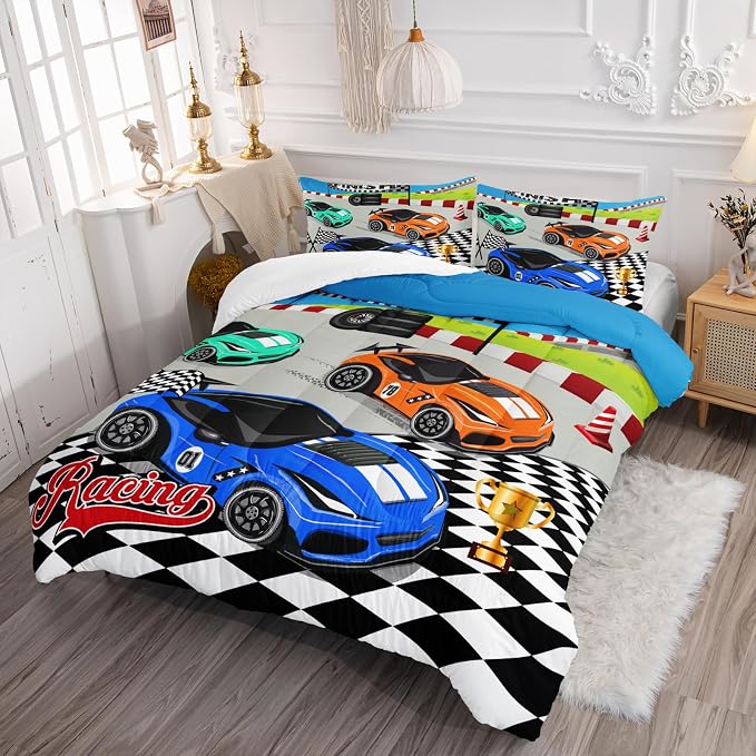 Axolotl Racing Car Bedding Set King,Cool Speed Race Car Comforter for Kids Boys Girls Teens,Racing Cars Quilt Set,Extreme Sport Theme with Three Cars Arrive at Finish,1 Comforter and 2 Pillowcases