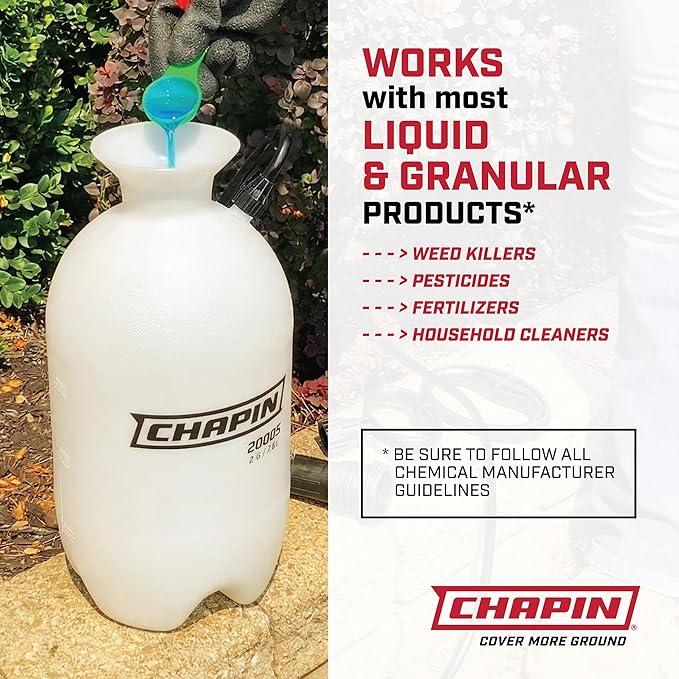 Chapin 20005 Pump Sprayer, 2‑Gallon, Lawn & Garden, Translucent Poly Tank, Funnel‑Top, SureSpray, Adjustable Cone Nozzle & 34" Hose for Fertilizer, Weed & Pest Application