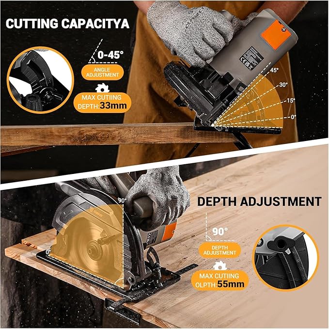 Circular Saw 1200W: DEKOPRO High-Power Saw with 165mm 24T Blade, 4800 RPM, Max Cut Depth 55mm (90°), 33mm (45°), Heavy-Duty Steel Base, Includes Guide Rai, Power Saw for Wood, PVC