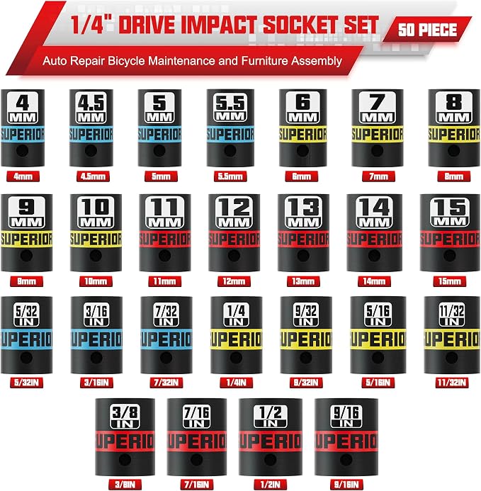 50 Piece 1/4" Drive Impact Socket Set, SAE (5/32" - 9/16") & Metric (4 mm - 15 mm), Deep and Shallow Sockets, Auto Repair Bicycle Maintenance and Furniture Assembly
