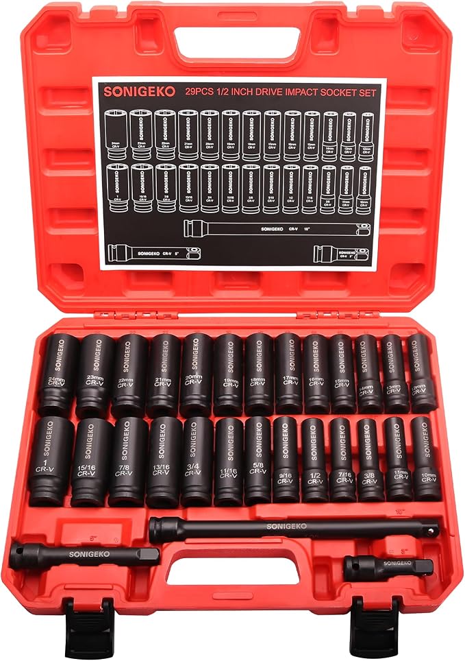 29-Piece 1/2" Drive Impact Socket Set，(3/8"-1", 10mm-24mm) | 6-Point Deep Standard SAE & Metric ,CR-V Steel Sockets with 3", 5", 10" Extension Bars and Storage Case