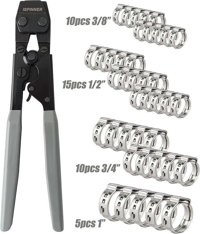 ISPINNER PEX Crimping Tool, Clamp Cinch Crimp Tool Crimper for Stainless Steel PEX Clamps from 3/8" to 1", with 40pcs PEX Crimp Rings 3/8" 1/2" 3/4" 1"