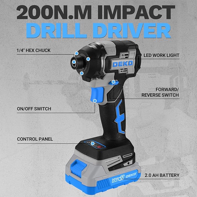 Cordless Drill & Impact Driver: DEKOPRO 20V Brushless Power Drill and 20V Brushless Impact Driver Set, Power Tool Set with 2 x 2.0Ah Batteries, Charger, Bag& 52 x Accessories-Blue