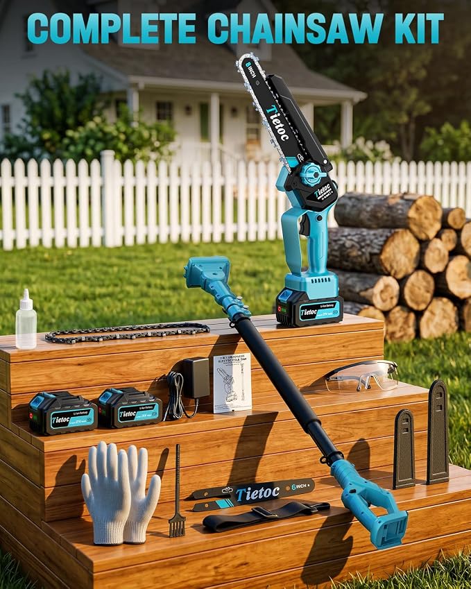 TIETOC 2-in-1 Brushless Pole Saw for Tree Trimming – 8/6" Mini Electric Chainsaw with 2×4000mAh Batteries, Auto Oiling, Tool-Free Adjustment,Cordless Battery Powered Saw for Home Garden Branch Cutting