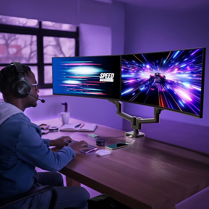 Mount-It! Proflex Series Heavy-Duty Dual Monitor Arm for 17–35” Screens, Gas Spring, Full Motion, USB-C & USB 3.0 Ports, VESA 75/100, Fits Ultrawide & Curved Displays, Clamp or Grommet Base
