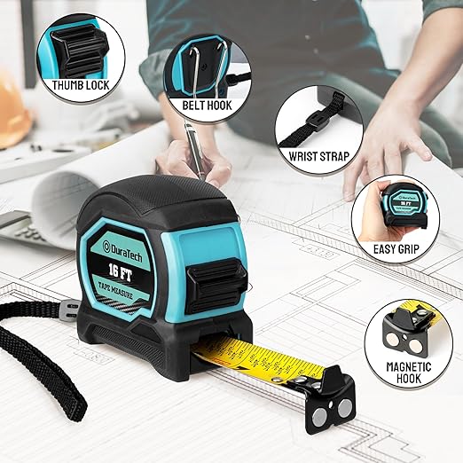 DURATECH Magnetic Tape Measure 16FT with Fractions 1/8, 2 Pack Retractable Measuring Tape, Easy to Read Both Side Measurement Tape, Magnetic Hook and Shock Absorbent Case for Construction, Carpenter