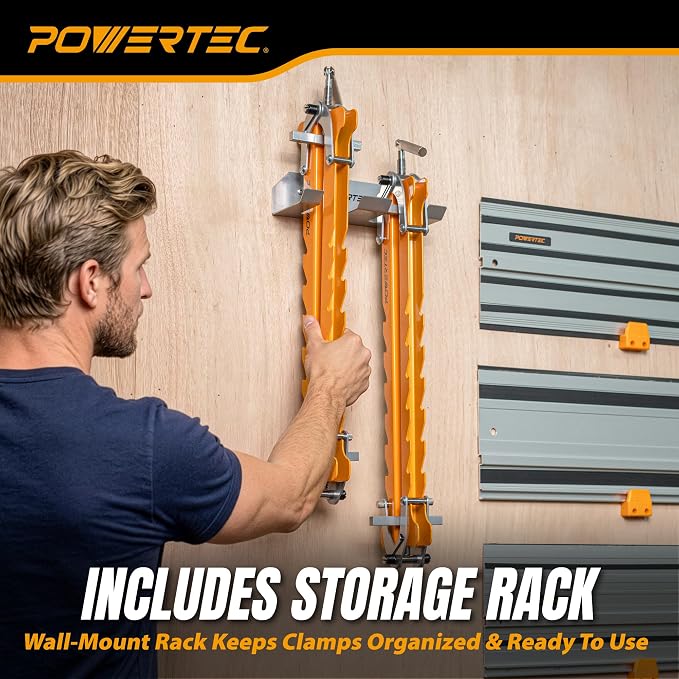 POWERTEC 16" Panel Clamps, 4-Way Pressure Cabinet Clamp Set with Storage Rack, Panel Glue-Up Clamps for Cutting Boards, Tabletops & Wood Panels (72436)