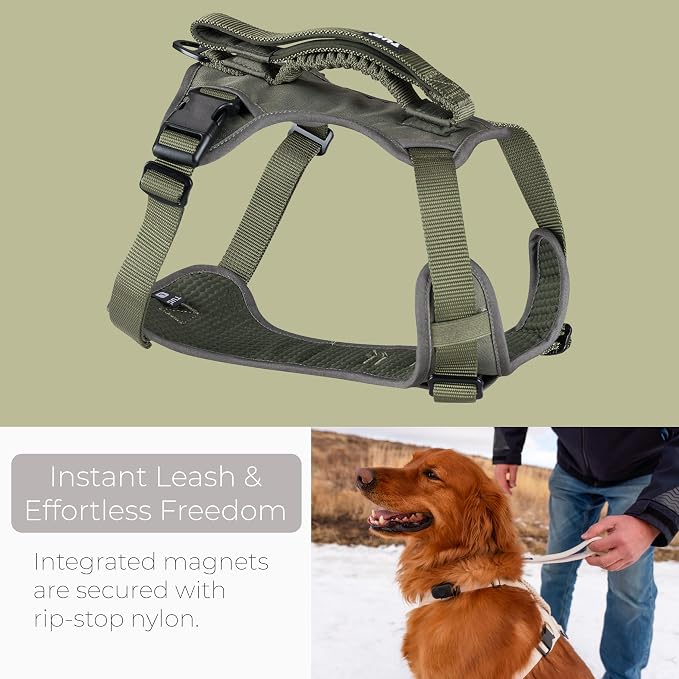 TUG Grab Dog Harness with Built-in Magnetic Traffic Leash (XL/Green) | Padded Magnetic Traffic Handle | Dual Leash Clips | 4-Point Adjustable Fit | Durable Nylon