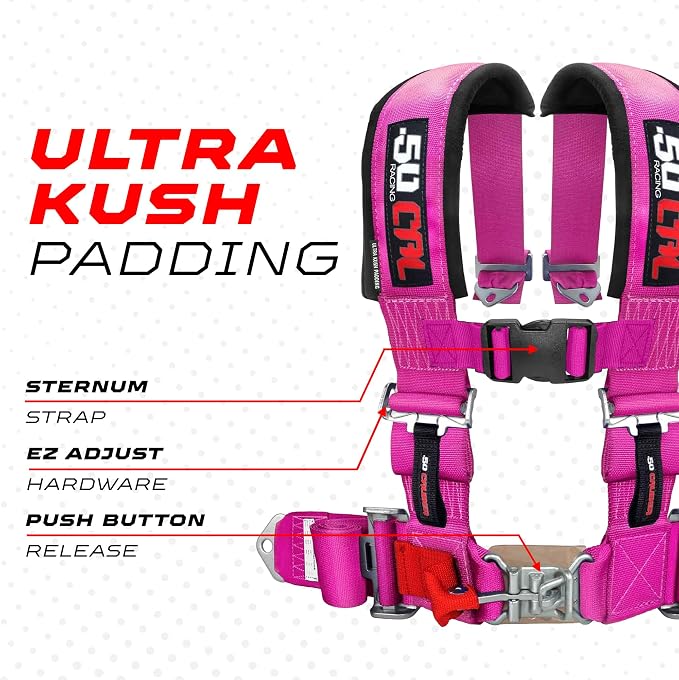 1pc 50 Cal Pink 4 Point Harness 3 inch straps, Racing Harness Seat Belt | Ultra Kush padding, Push Button quick release hardware. Universal Fit for UTV, RZR, race car