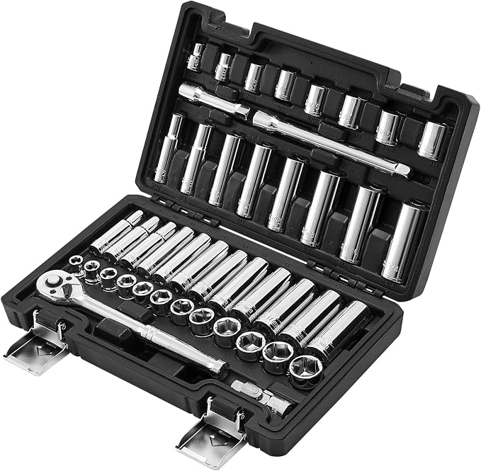 VEVOR Socket Set, 44 Pieces, 3/8 inch Drive Socket and Ratchet Set, SAE and Metric, Deep and Shallow, Mechanic Tool Kit with Accessories and Storage Case, CR-V Alloy Steel, for Automotive Repair
